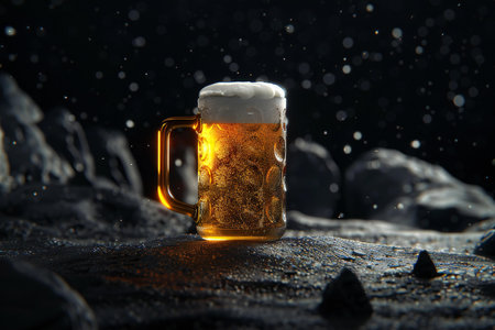 Mug of beer with foam on dark background. Creative artwork decorationの素材