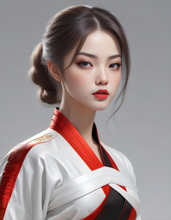 Portrait of a beautiful geisha in kimono with red lipsの素材