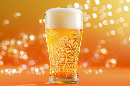 Glass of beer with bubbles on orange background with bokeh effectの素材
