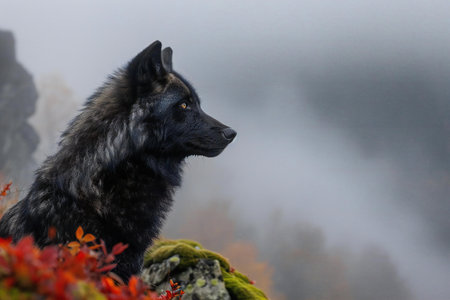 Black wolf sitting on a rock in the foggy autumn forest.の素材