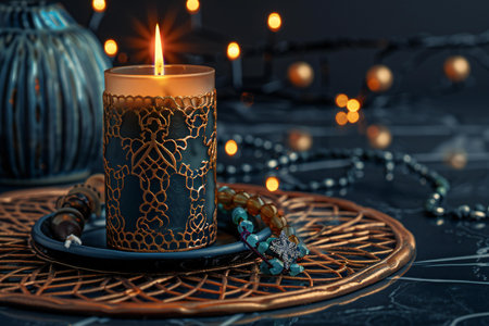 Beautiful burning candle with oriental pattern on dark background, closeupの素材