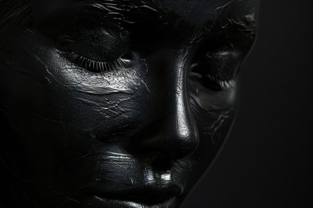 Closeup portrait of a beautiful woman with black paint on her faceの素材