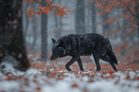 Black wolf running in the winter forest. Wildlife scene from nature.の素材