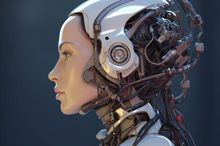 3D rendering of a female robot with a robot head in the backgroundの素材