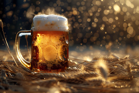 Mug of beer on the background of a wheat field and rays of lightの素材