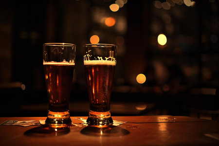 Two glasses of beer on the table in a pub with bokehの素材