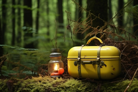Vintage yellow travel suitcase with a candle on the moss in the forestの素材