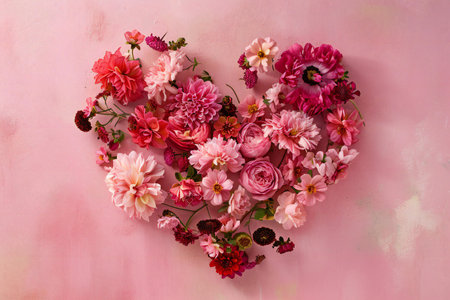Flowers in the shape of a heart on a pink background.の素材