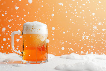 Mug of beer with foam on orange background with falling snow.の素材