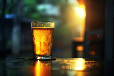 Glass of beer on the table in a cafe. Selective focus.の素材