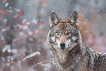 Portrait of a wolf in the winter forest. Animal in nature.の素材