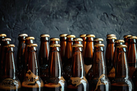 Beer bottles on a dark background with copy space. Selective focus.の素材