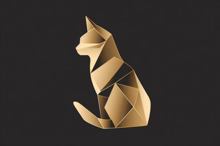 Golden origami cat isolated on black background. Polygonal animal.の素材