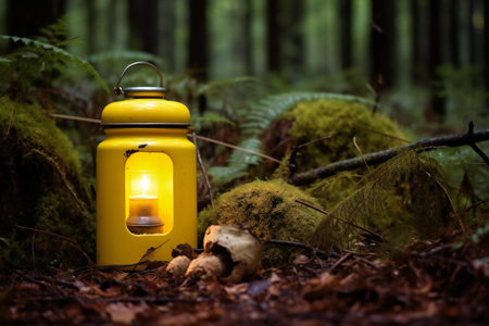Lantern in the forest. Yellow lantern in the forest.の素材