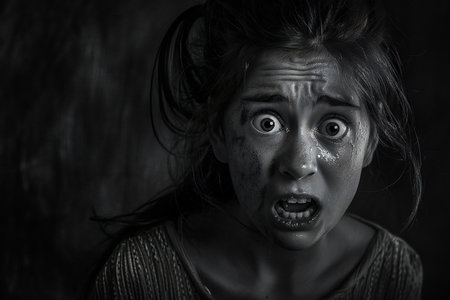 Scared young woman with dirty face looking at camera over dark backgroundの素材