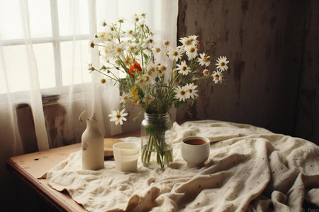 A bouquet of wildflowers in a vase and a cup of coffee on a wooden tableの素材