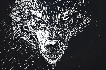 Wolf head. Hand drawn illustration of wolf head on a black background.の素材