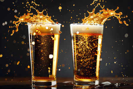 Two glasses of beer with splashes and drops on a dark backgroundの素材