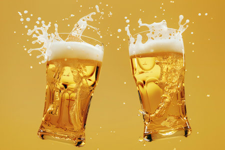 Two glasses of beer with splashes on a yellow background. Close-upの素材