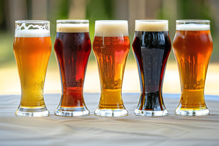 Glasses of different beer on a table in a pub. Selective focusの素材
