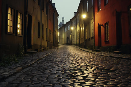 Old cobblestone street at night in Gdansk, Polandの素材