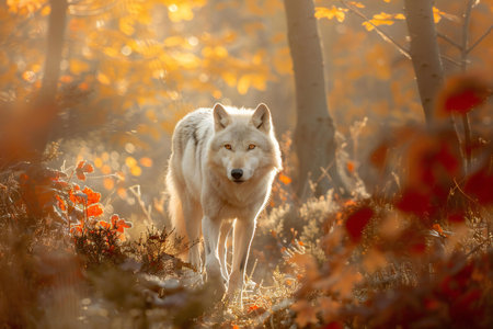 White wolf in the autumn forest. Beautiful wild animal in the nature habitat.の素材