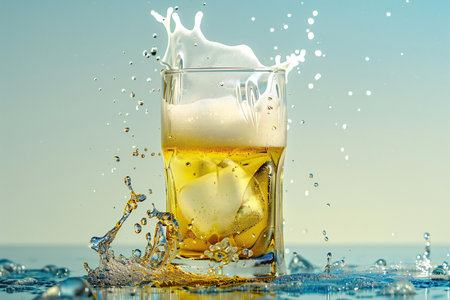 whiskey splashing into glass with ice cubes on blue backgroundの素材