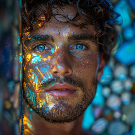 Close-up portrait of a man with paint on his face.の素材