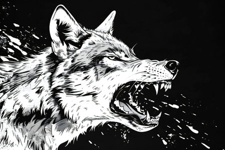 Wolf head on a black background. Hand-drawn vector illustration.の素材