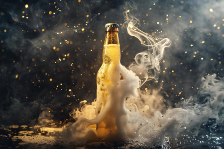 Conceptual image of a bottle of beer with smoke coming out of it.の素材