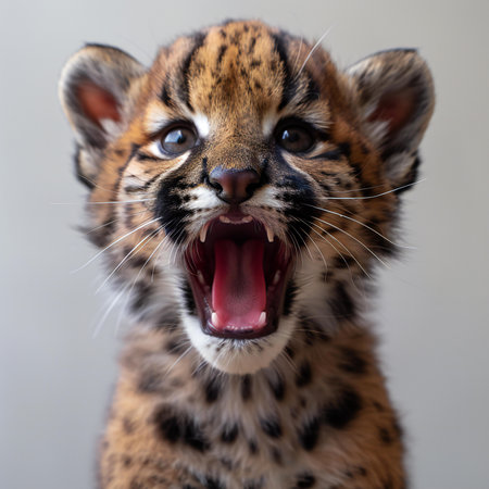 Close-up portrait of a tiger cub with open mouth on gray backgroundの素材