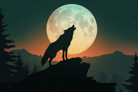 Vector illustration of a wolf howling at the full moon in the forestの素材