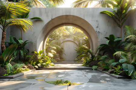 Tropical garden with arch and palm trees. 3d renderingの素材