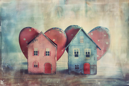 Two little houses in the shape of a heart on a wooden backgroundの素材