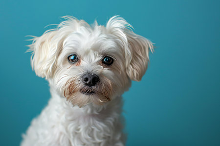 Cute Maltese dog on a blue background. Close-up.の素材