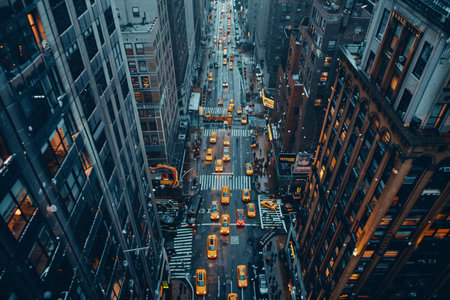 Aerial view of Manhattan, New York City, USA. Traffic on the street at night.の素材