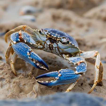 Blue crab on the beach. Close up. Selective focus.の素材
