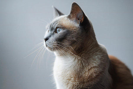 Portrait of a siamese cat on a gray background.の素材