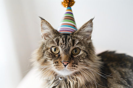 Portrait of a maine coon cat wearing a birthday capの素材