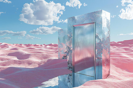3d rendering of a glass door in the middle of the desertの素材