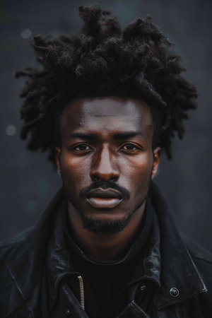Portrait of a young african american man with afro hairstyle and leather jacket.の素材