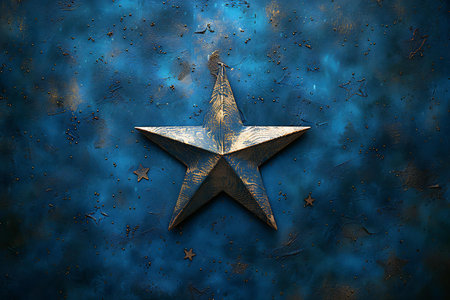 Gold star on a blue background. 3d rendering. Computer digital drawing.の素材