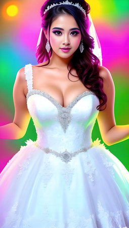 Beautiful bride in white wedding dress posing over colorful background. Fashion shot.の素材