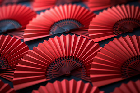 Red paper fans on a black background. Shallow depth of field.の素材