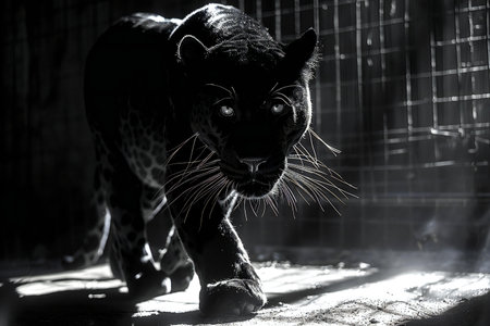 Black and white portrait of a leopard in a cage with shadowの素材