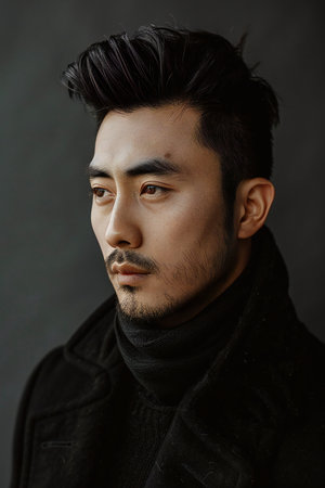 Portrait of a handsome asian man wearing black coat and scarfの素材