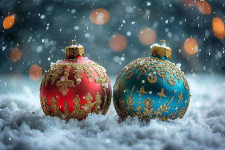 Christmas balls on snow with bokeh background. Christmas greeting card.の素材