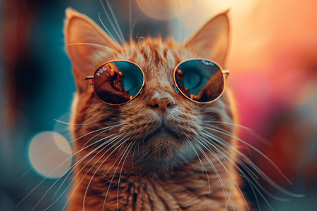 Portrait of ginger cat with sunglasses on bokeh background.の素材