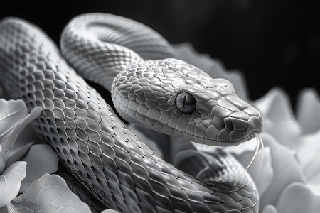 black and white snake on a white background. 3d illustration.の素材