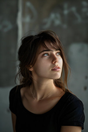 Portrait of a girl in a black T-shirt on a gray backgroundの素材